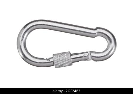 Konstruktion Karabiner mit Schraubverschluss aus Edelstahl isoliert auf weißem Hintergrund. Kompakter Karabiner mit Schraubverschluss Stockfoto