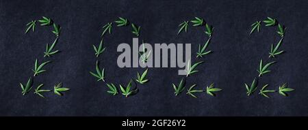 Muster von Cannabisblättern in Form von Zahlen 2022 auf dunklem Hintergrund. Das Konzept eines neuen Jahres. Flach liegend. Hintergrund der Cannabispflanze. Kopieren Sie den SPAC Stockfoto
