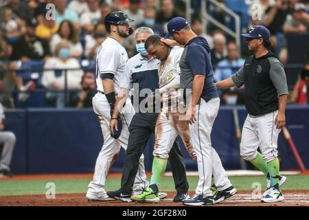 St. Petersburg, Florida. USA; Kevin Cash, Manager der Tampa Bay Rays, kommt heraus, um den Shortstop-Wander Franco (5) zu überprüfen, nachdem er verletzt wurde, als er in die Heimat rutschte Stockfoto