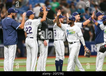 St. Petersburg, Florida. USA; der linke Feldspieler Randy Arozarena (56) von Tampa Bay Rays wird vom Pitching-Team, einschließlich des verletzten Pitcher-Tyles, mit einem hohen Fünftel befeuert Stockfoto