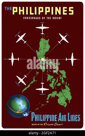 Den Philippinen. Kreuzung des Orients. Philippine Air Lines. Route des Orient Star von Walther-Boland Associates. Restauriertes Vintage-Poster, das 1953 auf den Philippinen veröffentlicht wurde. Stockfoto