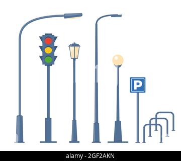 Stadt- und Outdoor-Elemente. Satz von städtischen Objekten. Straßenlampen, Ampel, Fahrradparkplatz. Vektorgrafik Stock Vektor