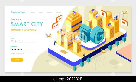 5G Smart City Zukunft abstrakt oder Metropole.Intelligentes Gebäudeautomationssystem Geschäftskonzept.isometrischer Raum mit verbundenen Punkten und Linien. Stock Vektor