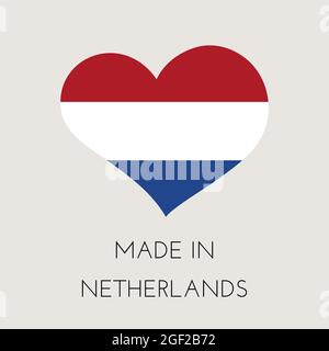 Herzförmiges Label mit Niederlande Flagge. Made in Netherlands Aufkleber. Fabrik-, Fertigungs- und Produktionslandkonzept. Vektorgrafiken Stock Vektor