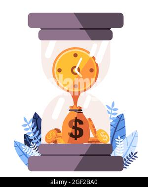 Sanduhr Dollar Zeit-Symbole, die den Zeitwert des Geldes erklären, wo Geld in der Gegenwart mehr wert ist als in der Zukunft Stock Vektor