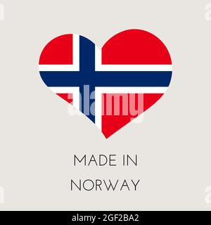 Herzförmiges Label mit norwegischer Flagge. Aufkleber Made in Norway. Fabrik-, Fertigungs- und Produktionslandkonzept. Vektorgrafik Stock Vektor