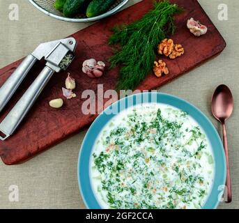 Kalte Gemüsesuppe mit Joghurt, Gurke und Knoblauch Stockfoto