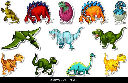 Aufkleber mit verschiedenen Arten von Dinosauriern Cartoon-Figuren Illustration gesetzt Stock Vektor
