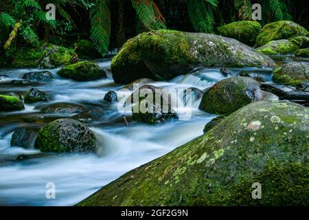 Nahaufnahme eines Flusses, der sich zwischen Felsen und Felsbrocken schlängelt Stockfoto