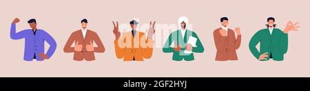 Set von erfolgreichen Geschäftsmann mit verschiedenen Hautfarben zeigen verschiedene positive Emotionen mit Gesten. Siegefinger, OK-Zeichen, geballte Faust Stock Vektor