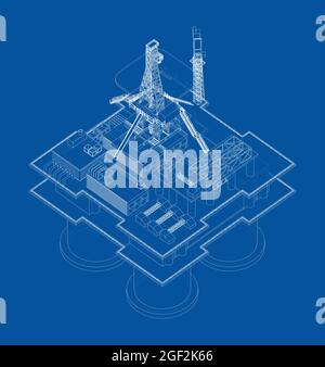 Offshore-Ölförderanlage Vektorrendering von 3d Stock Vektor