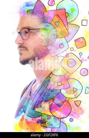 Paintographie. Ein Porträt ein junger Mann mit Brille kombiniert mit geometrischen Formen Stockfoto