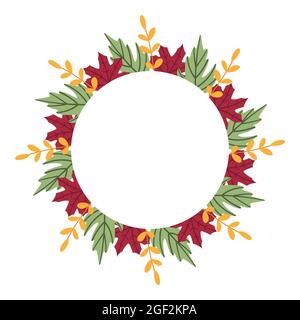 Klassischer, runder Blumenrahmen mit bunten Herbstblättern. Niedliche Cartoon flachen Kranz für die Gestaltung von Grußkarte, Einladung, Label, Promotion. Stock Vektor