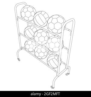 Mit Konturen von Fußball- und Volleyballbällen, die auf einem Gestell aus schwarzen, auf weißem Hintergrund isolierten Linien liegen. Isometrische Ansicht. Vektorgrafik. Stock Vektor