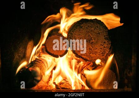 Feuer in einem Holzofen Stockfoto