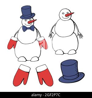 Lustige Weihnachten Schneemann in blauen Hut, Fliege und roten Fäustlingen Linie Kunst Stock Vektor