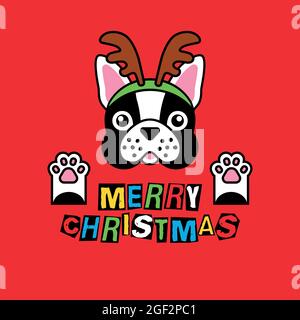 Bulldogge in Kostüm weihnachtshirsch auf rot Stock Vektor