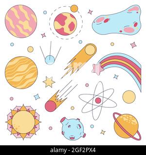 Vektorbild des Universums mit Planeten und Sternen im Doodle-Stil Stock Vektor