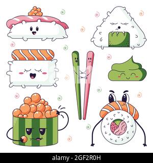 Kawaii Sushi-Mix mit Thunfisch, Lachs, Garnelen und anderen Meeresfrüchten auf weißem Hintergrund. Vektorgrafik in einem flachen Stil. Stock Vektor