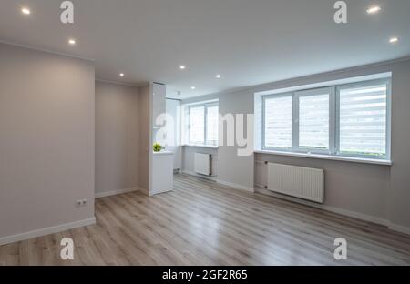 Moderne helle Innenausstattung der renovierten Studiowohnung ohne Möbel im skandinavischen Stil. Leeres Wohnzimmer und weiße Küche. Stockfoto