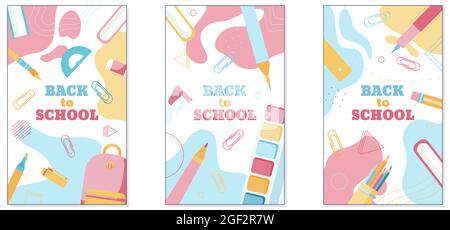 Back to School Banner Konzept in pastellfarbenen flachen Stil, isoliert auf abstrakten bunten Hintergrund. Stock Vektor