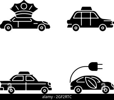 Taxi buchen schwarze Glyphen-Symbole auf weißem Raum gesetzt Stock Vektor