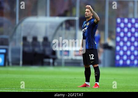 Mailand, Italien. August 2021. Stefano Sensi vom FC Internazionale zeigt während der Serie EIN Spiel zwischen dem FC Genua und dem FC Genua im Stadio Giuseppe Meazza . Stockfoto