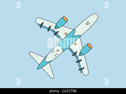 Cartoon-Illustration des fliegenden Flugzeugs, einfaches Symbol isoliert auf einem blauen Hintergrund. Vektorgrafik in einem flachen Stil. Stock Vektor