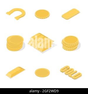 Satz von verschiedenen Goldprodukten. Flacher, isometrischer 3D-Stil, Vektordarstellung. Stock Vektor