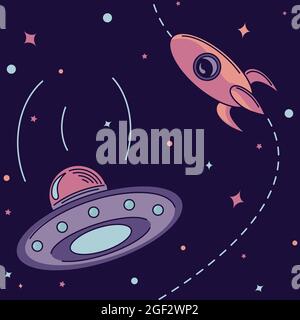 Vektor-Illustration von UFO und Rakete. Flache Abbildung auf einem dunkelvioletten Hintergrund mit Universum und Raum Thema. Stock Vektor