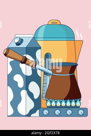 Konzept Illustration der morgendlichen Routine, Kaffee mit cevze auf Gasherd. Cartoon-Illustration in einem flachen Stil mit Wasserkocher und Milch isoliert auf Stock Vektor
