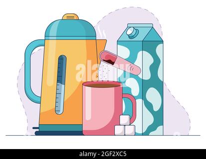 Becher mit heißem Getränk aus Instantkaffee, Zuckerwürfeln und Milch vor der Kaffeeanne mit kochendem Wasser. Cartoon-Vektor-Illustration in einem flachen Stil Stock Vektor