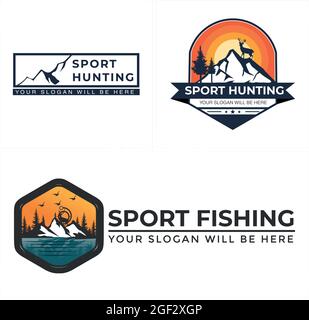 Sport Angeln Boot Jagd Reise Wandern erkunden Logo-Design Stock Vektor