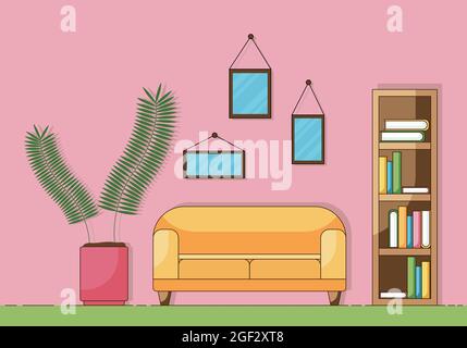 Cartoon-Konzept des Teils eines gemütlichen Wohnzimmers mit Sofa, Pflanze und Bücher isoliert auf einem rosa Hintergrund. Vektorgrafik in einem flachen Stil. Stock Vektor