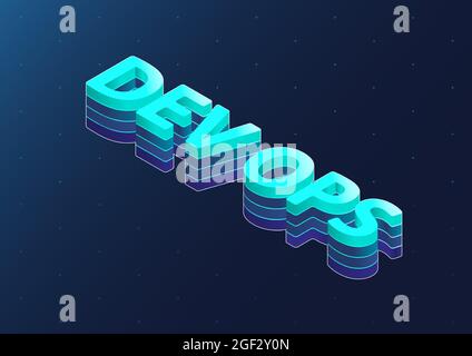 Dev Ops 3d isometrischer Vektortext. Isometrische blaue Buchstaben auf dunkelblauem Hintergrund. Stock Vektor