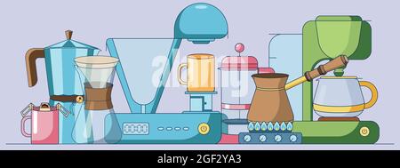 Cartoon Satz von Kaffee-Elemente-Sammlungen, verschiedene Braumethoden, Kaffeemaschine Maschinen auf einem lila Hintergrund isoliert. Vektordarstellung in einem Stock Vektor