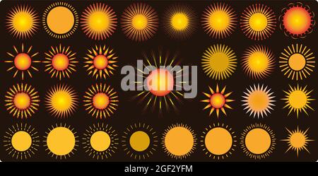 Eine Reihe von isolierten Symbolen und Formen, die die Sonne in verschiedenen Farben zeigen, die neben Ihrem Design auch für die Verwendung von Zeitschriften, Büchern und Websites geeignet sind Stock Vektor