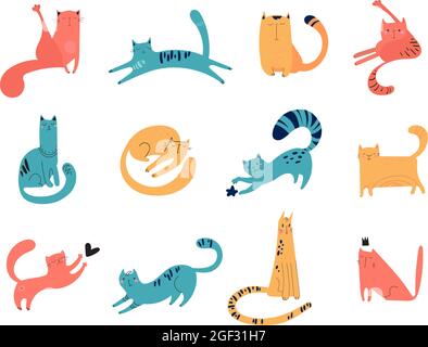 Set von handgezeichneten Katzen für Print, Textil, T-Shirts, Poster. Niedliche Gesichter, Schnurrbart, Pfoten, Schwänze, Streifen auf weißem Hintergrund. Vektor-Haustiere in verschiedenen Farben spielen, sitzen, gehen, schlafen. Stock Vektor