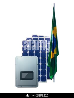 Solar-Photovoltaik-Panels, inversor und Brasilien Flagge isoliert auf weißem Hintergrund. Platz für Text Stockfoto