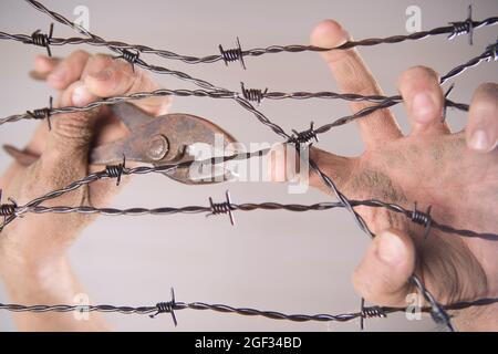 Hände greifen der Stacheldraht im Zeichen weg mit dem weißen Hintergrund zu laufen Stockfoto