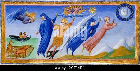 DANTE UND BEATRICE BESUCHEN DEN HIMMEL mittelalterliche Illustration zu Dantes Divina Commedia Stockfoto