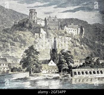 Heidelberg Castle, Heidelberger Schloss, ist eine Burg und Ruine in Heidelberg, Deutschland, digital verbesserte Reproduktion eines Originaldrucks aus dem Jahr 1881, koloriert, Kolorierung, koloriert, handkoloriert, Handfärbung, handfarbig, farbig, Stockfoto