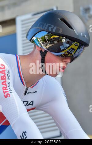 Mezieres, Frankreich. August 2020. Thomas Kopecky sah zu Beginn des Prologes Alarm. Die Tour de l'Avenir ist ein internationales Radrennen nach Etappen, das für Fahrer unter 23 Jahren reserviert ist. Sie findet vom 13. Bis 22. August 2021 in Frankreich statt. Der Prolog vom 13. August 2021 ist ein Einzelzeitfahren von 5 km in der Stadt Charleville-Mezieres. (Foto: Laurent Coust/SOPA Images/Sipa USA) Quelle: SIPA USA/Alamy Live News Stockfoto