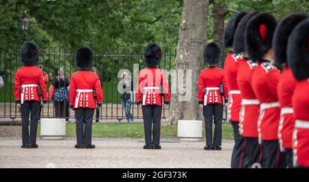 Wellington Barracks, London, Großbritannien. 23. August 2021. Vorbereitungen in den Wellington Barracks für die feierliche Wachablösung mit Musik im Buckingham Palace nach der längsten Pause seit dem 2. Weltkrieg aufgrund der Einschränkungen des Coronavirus im März 2020. Die 3 Kompanie des 1. Bataillons Coldstream Guards wird inspiziert, bevor sie diese erste volle zeremonielle Aufgabe in Begleitung der Band der Coldstream Guards übernimmt. Quelle: Malcolm Park/Alamy Live News Stockfoto