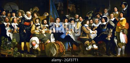 Schuttersmaaltijd ter viering van de Vrede van Munster - Archers Meal in Celebration of the Peace of Munster 1648 von Bartholomeus van der Helst, 1613-1670 Öl auf Leinwand, (18. Juni 1648 Festmahl bei den Amsterdamer Bogenschützen. Frieden von Munster, Ende des Krieges mit Spanien. Die Anführer der Miliz schütteln sich die Hand als Zeichen des Friedens, das Trinkhorn macht die Runde. . Niederländisch, Niederlande.) Achtzig Jahre, Krieg, Spanisch, Niederländisch, Niederlande, Achtzig Jahre Krieg, (1568-1648), Krieg der Niederlande Unabhängigkeit von Spanien, Stockfoto