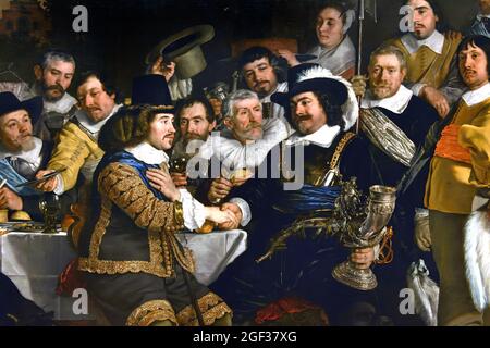 Schuttersmaaltijd ter viering van de Vrede van Munster - Archers Meal in Celebration of the Peace of Munster 1648 von Bartholomeus van der Helst, 1613-1670 Öl auf Leinwand, (18. Juni 1648 Festmahl bei den Amsterdamer Bogenschützen. Frieden von Munster, Ende des Krieges mit Spanien. Die Anführer der Miliz schütteln sich die Hand als Zeichen des Friedens, das Trinkhorn macht die Runde. . Niederländisch, Niederlande.) Achtzig Jahre, Krieg, Spanisch, Niederländisch, Niederlande, Achtzig Jahre Krieg, (1568-1648), Krieg der Niederlande Unabhängigkeit von Spanien, Stockfoto