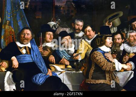 Schuttersmaaltijd ter viering van de Vrede van Munster - Archers Meal in Celebration of the Peace of Munster 1648 von Bartholomeus van der Helst, 1613-1670 Öl auf Leinwand, (18. Juni 1648 Festmahl bei den Amsterdamer Bogenschützen. Frieden von Munster, Ende des Krieges mit Spanien. Die Anführer der Miliz schütteln sich die Hand als Zeichen des Friedens, das Trinkhorn macht die Runde. . Niederländisch, Niederlande.) Achtzig Jahre, Krieg, Spanisch, Niederländisch, Niederlande, Achtzig Jahre Krieg, (1568-1648), Krieg der Niederlande Unabhängigkeit von Spanien, Stockfoto