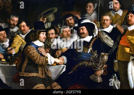 Schuttersmaaltijd ter viering van de Vrede van Munster - Archers Meal in Celebration of the Peace of Munster 1648 von Bartholomeus van der Helst, 1613-1670 Öl auf Leinwand, (18. Juni 1648 Festmahl bei den Amsterdamer Bogenschützen. Frieden von Munster, Ende des Krieges mit Spanien. Die Anführer der Miliz schütteln sich die Hand als Zeichen des Friedens, das Trinkhorn macht die Runde. . Niederländisch, Niederlande.) Achtzig Jahre, Krieg, Spanisch, Niederländisch, Niederlande, Achtzig Jahre Krieg, (1568-1648), Krieg der Niederlande Unabhängigkeit von Spanien, Stockfoto