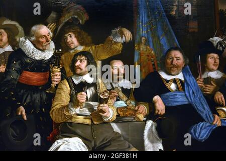 Schuttersmaaltijd ter viering van de Vrede van Munster - Archers Meal in Celebration of the Peace of Munster 1648 von Bartholomeus van der Helst, 1613-1670 Öl auf Leinwand, (18. Juni 1648 Festmahl bei den Amsterdamer Bogenschützen. Frieden von Munster, Ende des Krieges mit Spanien. Die Anführer der Miliz schütteln sich die Hand als Zeichen des Friedens, das Trinkhorn macht die Runde. . Niederländisch, Niederlande.) Achtzig Jahre, Krieg, Spanisch, Niederländisch, Niederlande, Achtzig Jahre Krieg, (1568-1648), Krieg der Niederlande Unabhängigkeit von Spanien, Stockfoto