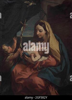 Carlo Maratta (1625-1713). Italienischer Barockmaler. Madonna mit Kind und Kleinkind St. John. Öl auf Leinwand. Die sitzende Madonna hält das Jesuskind in sich Stockfoto